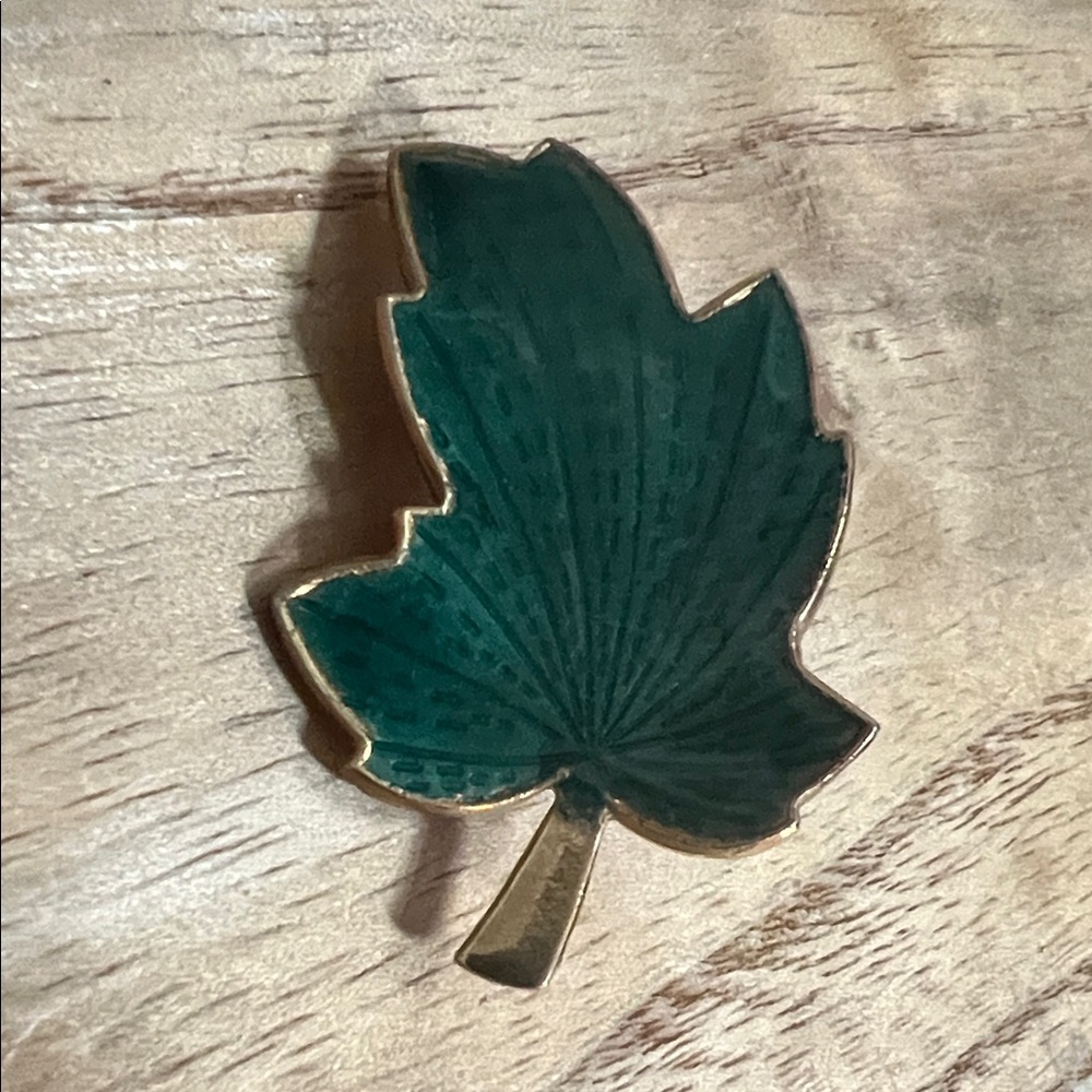 Vintage Green Enamel Leaf Brooch with Gold Trim